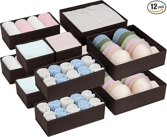 DIMJ Drawer Organizer Clothes, 12 Pack Underwear Organizer, Foldable Closet Organizers, Sock Organizer Bra Organizer, Fabric Dresser Organizer for Clothes, Bra, Socks, Tie (Brown)