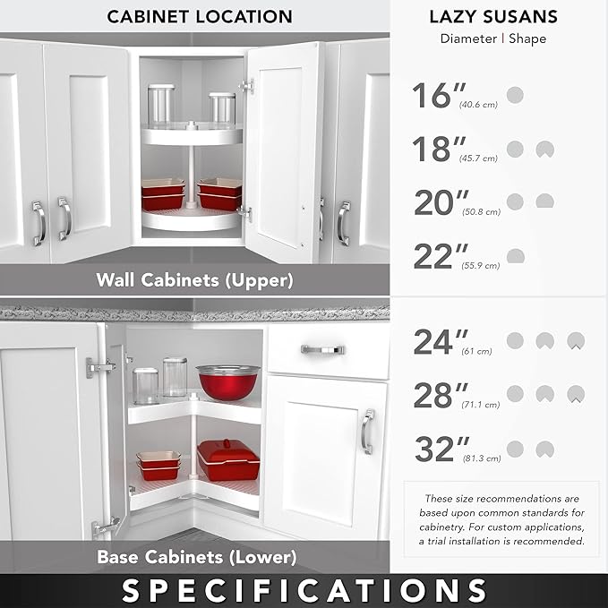 Rev-A-Shelf 28" Pie-Cut Dual Tier Lazy Susan Organizer for Corner Wall Kitchen Cabinets, Plastic Home Rotating Storage Shelves, White, 2942-28-11-1