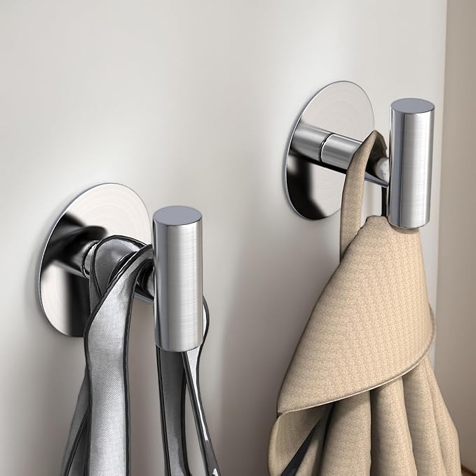 VINHOLD Heavy Duty Self-Adhesive Coat Hooks, Stainless Steel Towel Hooks for Bags, Towels, Robes, Hats, Aprons – No Drill Bathroom, Kitchen, Hotel Wall Hooks (2 Pack, Silver)