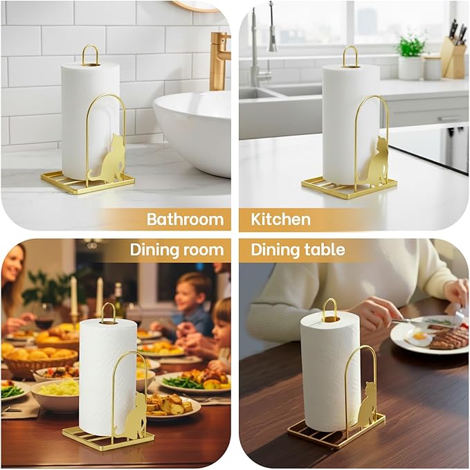 Paper Towel Holder for Countertop, Kitchen Paper Towel Stand with Cat Pattern Decoration，Fit Standard Jumbo Roll in Dining Table or Bathroom, Toilet Paper Dispenser with Heavy Duty Base (Gold)