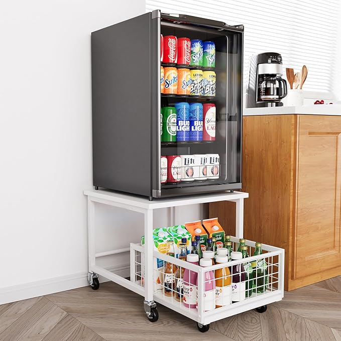 SpaceAid Mini Fridge Stand with Storage, 19.7" W x 19.7" D Heavy Duty Mobile Refrigerator Shelf Stand Table with Wheels, Fridge Cart Organizer with Drawer Basket for Home Dorm Office (White)