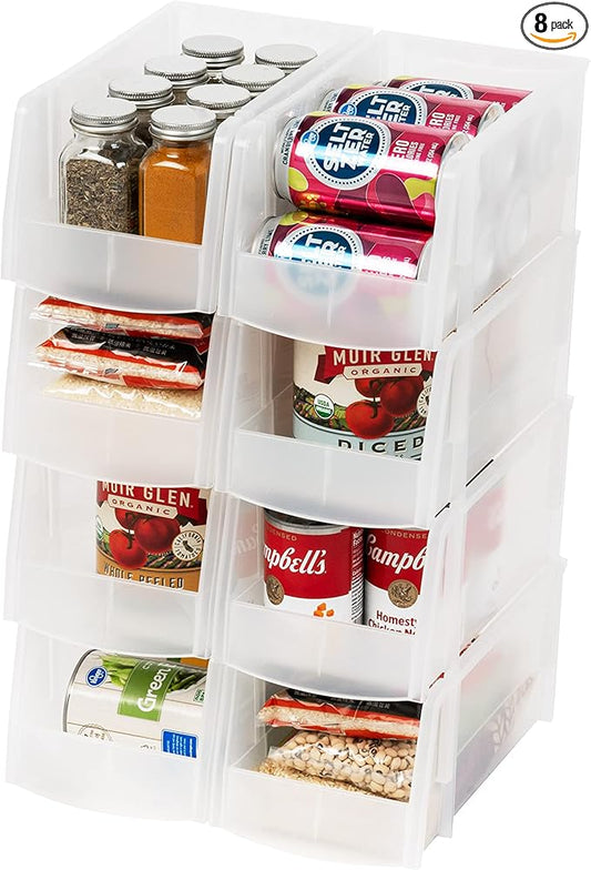 IRIS USA Plastic Stackable Clear Storage Bins, Open Front Fridge Pantry Kitchen Closet Cabinet Organizer Caddy Basket for Organizing Snack, Food, Cans, and Bathroom Essentials - Medium 8 Pack