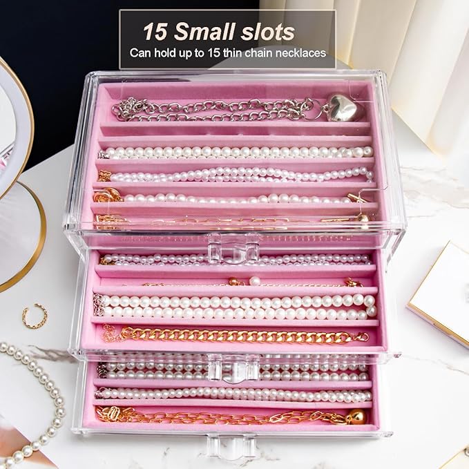 Necklace Holder Organizer, Dustproof Necklace Box Velvet Necklace Organizer Box with Lid Clear Acrylic Dustproof Stackable Jewelry Displays for Necklaces Chain Display (Pink, 3 Drawer)