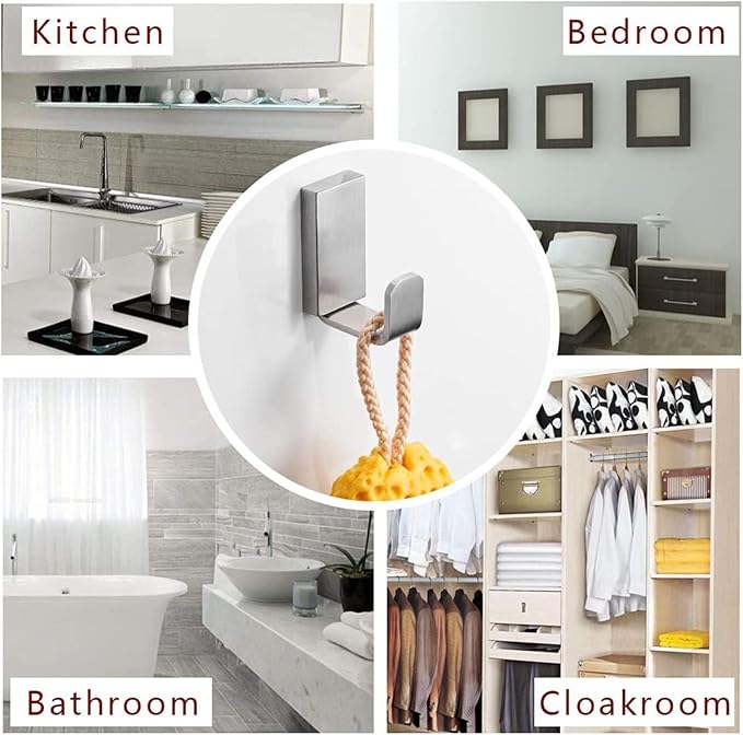 BESy Clothes Hook Single Towel Hooks for Bathroom Kitchen Garage Square Style Robe Hooks Coat and Hat Hook, Self Adhesive or Wall Mounted with Screws, Stainless Steel, Brushed Nickel