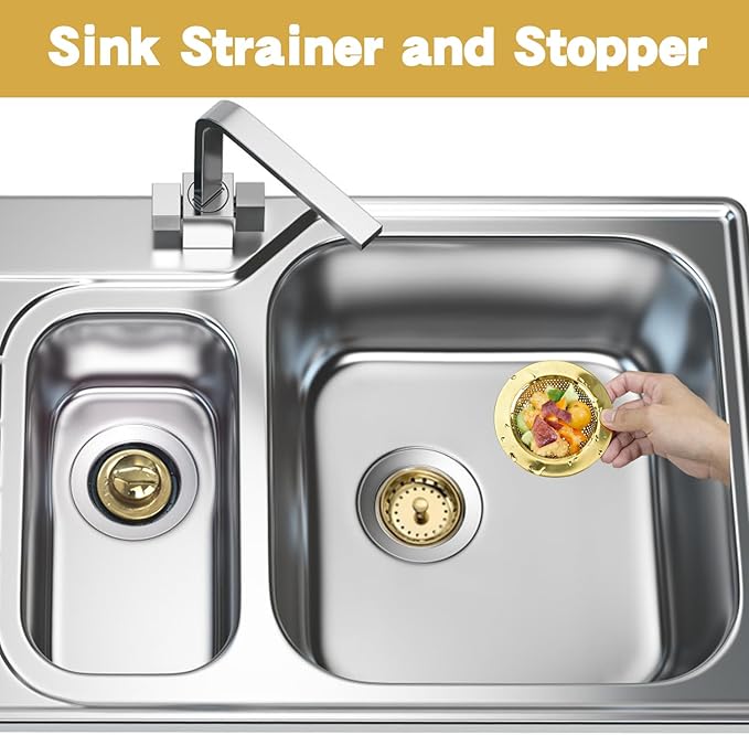 RQYEKDO 3-Pack Kitchen Sink Drain Strainer Stopper Set, Universal Anti-Clogging Stainless Steel Garbage Disposal Plug with Handle, Perforated Basket Filter Sieve for Standard 3.5" Drains (Gold)