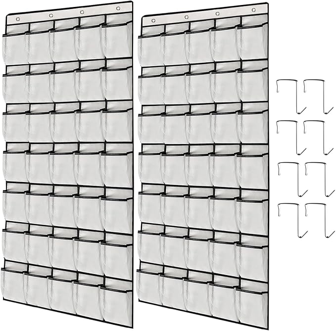 2 Pack 35 Breathable Mesh Pockets Large Hanging Shoe Organizer Over The Door Shoe Rack for Closet Door Storage Shoe Holder Hanger, 8Hooks, White (67.7'' x 26.4'')