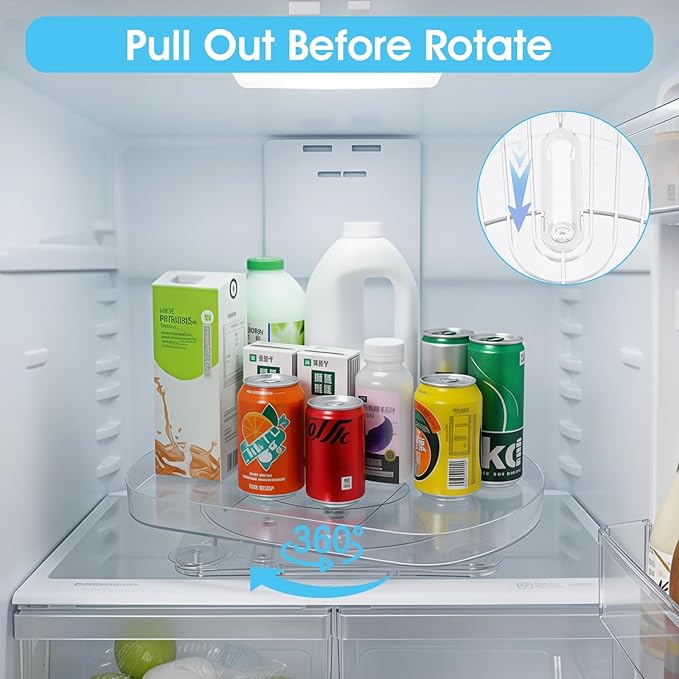 Afcabakila Lazy Susan Turntable for Refrigerator, 15"x11" Rotating Spice Rack Organizer 360°Clear PET Organizer Storage Tray Cabinet, Pantry Countertop with Suction Cups Large Rectangular Fridge Shelf