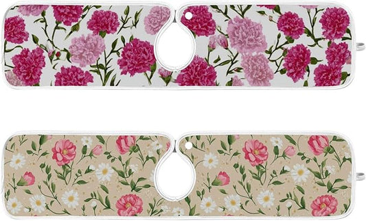 2 PCS Kitchen Sink Splash Guard 23.6 Inch Faucet Mat for Kitchen Sink Bathroom Sink Faucet Absorbing Drip Drain Mat Pad Microfiber Soft Washable Beige and Pink Carnation