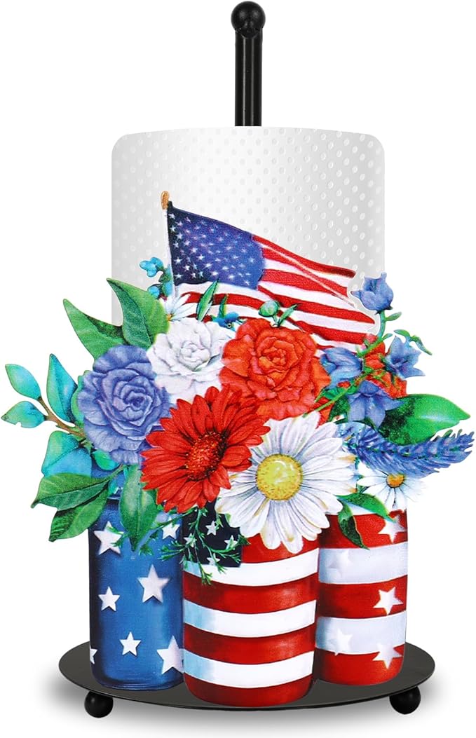 JarThenaAMCS Patriotic Paper Towel Holder American Flag Star Flower Kitchen Decor Accessories 4th of July Large Metal Towel Holder Stand for Independence Memorial Day Home Party Bathroom Countertop
