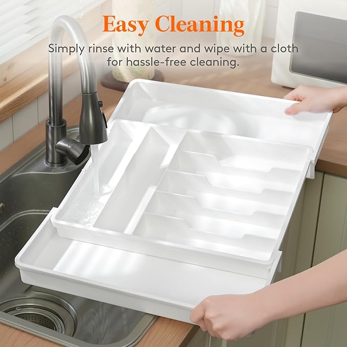 Lifewit Silverware Drawer Organizer, Expandable BPA Free Plastic Utensil Tray for Kitchen, Adjustable Flatware Cutlery Holder for Spoons Forks Knives, 13-22.3 x 16.7", White