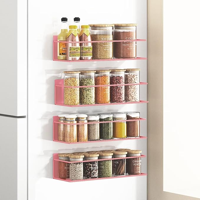 Roysili Magnetic Spice Rack For Refrigerator Magnetic Fridge Shelf For Kitchen Spice Organizer Magnetic Shelf For Fridge Space Saving Pink 4 Pack