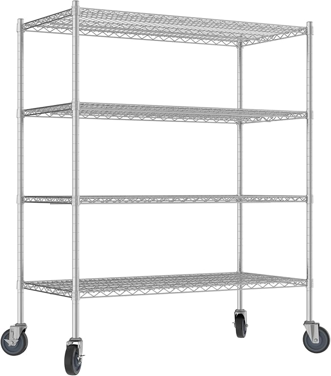 Commercial NSF Listed Chrome Mobile Wire Shelving Kit 24" x 48" x 60", with 4 Shelves Perfect for Warehouse, Walk-in Refrigerator, Freezer, Grocery Store, Restaurant, Dishroom