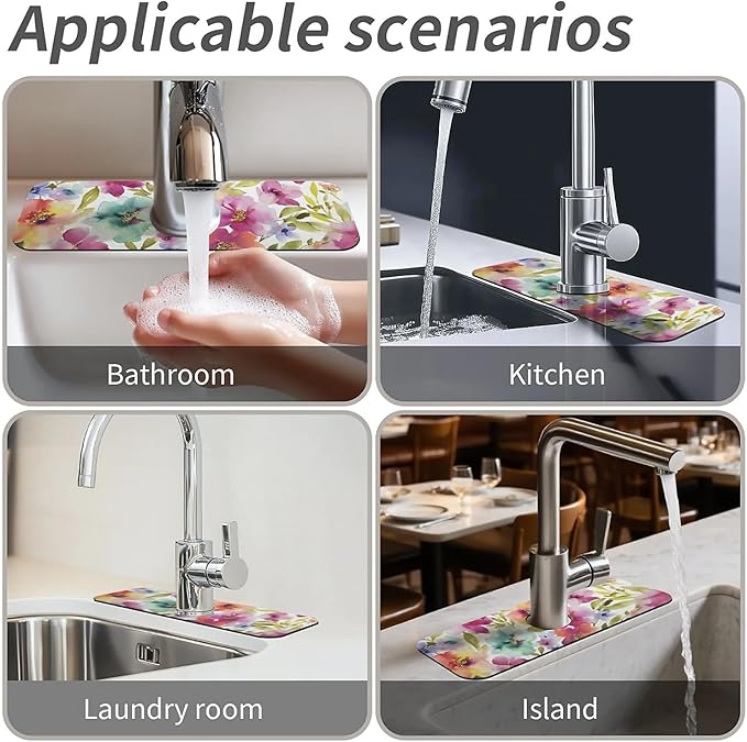 Kitchen Sink Splash Guard，Bright soft flowers Faucet Mat Sink Gadgets-Super Absorbent Fast Drying Mat Drip Catcher for Kitchen, Bathroom,Sink Mat, Dish Drying Mat, Bathroom(15" X 5.5" )