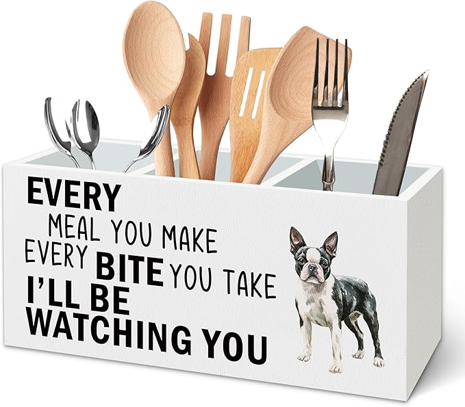 Boston Terrier Dog Kitchen Utensil Holder for Countertop, Dog Decorative Lover Gifts, Funny Every Meal You Make Every Bite You Take Wooden Utensil Holder Organizer for Kitchen Table Decor