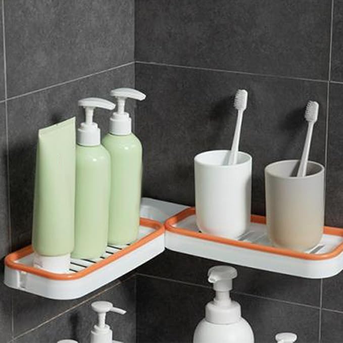Tissting Bathroom Corner Shelf, Wall Mount Foldable Shower Caddy Organizer Basket Bathroom Sink Shelf Over Faucet Adhesive Storage Rack for Bathroom Kitchen (White Orange)