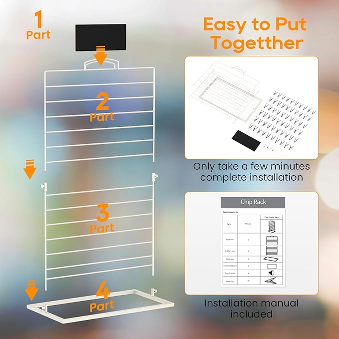 TJ.MOREE Chip Rack Display Stand, Chip Bag Holder for Party Display 3-Row 60 Clips Countertop Snack Hanger, Snack Retail Display Rack (White)