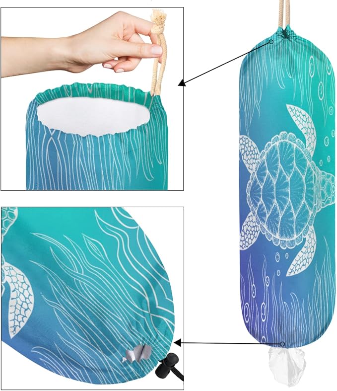 Summer Plastic Bag Holder Ocean Theme Sea Turtle Wall Mount Grocery Bag Holder Washable Plastic Bag Dispenser Garbage Bag Organizer for Home Kitchen Decor, Gifts for Women Mom Family Friends