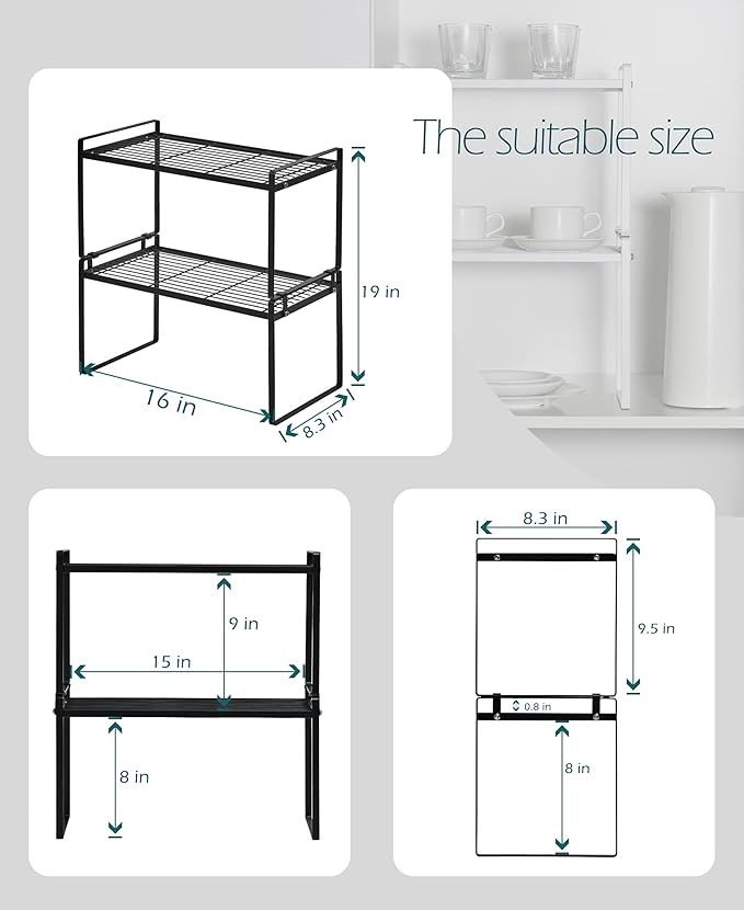 2Pack Cabinet Shelf Organizer Storage Rack Space Saving for Kitchen Counter Pantry Bathroom Cupboard Under Sink Office Table Steel Stackable Rust Resistant Heavy Duty Nonslip 16” Black - Tall