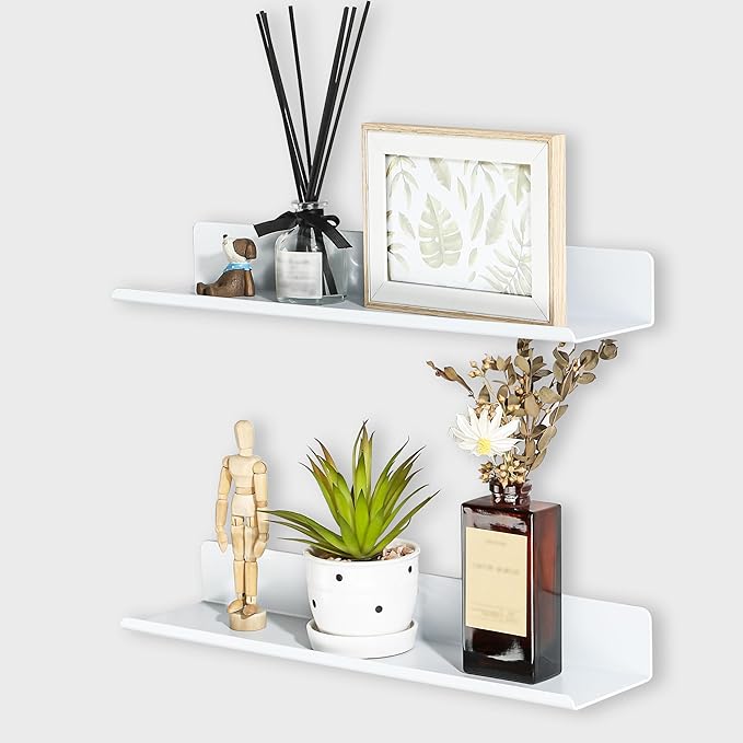 SAYAYO White Floating Shelves for Wall Storage, 16 Inch Adhesive Wall Shelves for Bedroom Decor, Small Display Bathroom Shelf Organizer for Kitchen, Living Room, Office, 2pcs