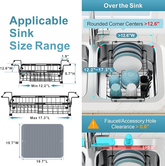 GSlife in Sink Dish Drying Rack with Silicone Drying Mat - Expandable Capacity Dish Drainer Drying Rack in Sink or Countertop, with Removable Utensil Holder, 12.2"-17.3" L x 12.6" W, Black
