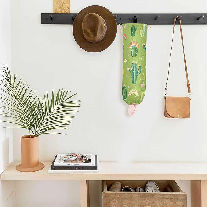 Plastic Bag Holder Wall Mount Grocery Bag Shopping Bag Storage Holder Organizer Dispenser with Adhesive Hook,for Kitchen Bathroom Home Decor 9x22 Inches Cacti and Rainbows Floral Green07