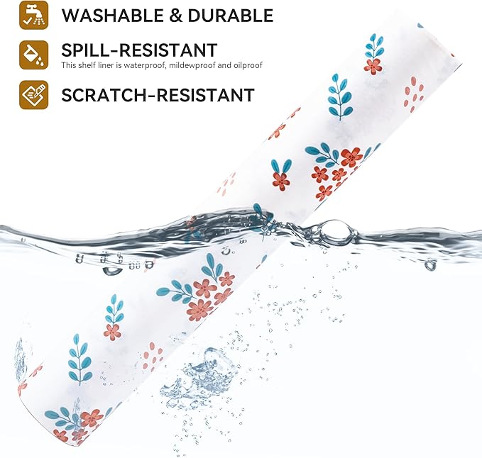 RAY STAR Shelf Liner, 12 Inch x 10 Feet Non Adhesive Red Floral Kitchen Cabinet Liner for Pantry Drawer Vanity, Strong Grip Non Slip Waterproof, Shelf Liners for Kitchen Cabinets Cupboard