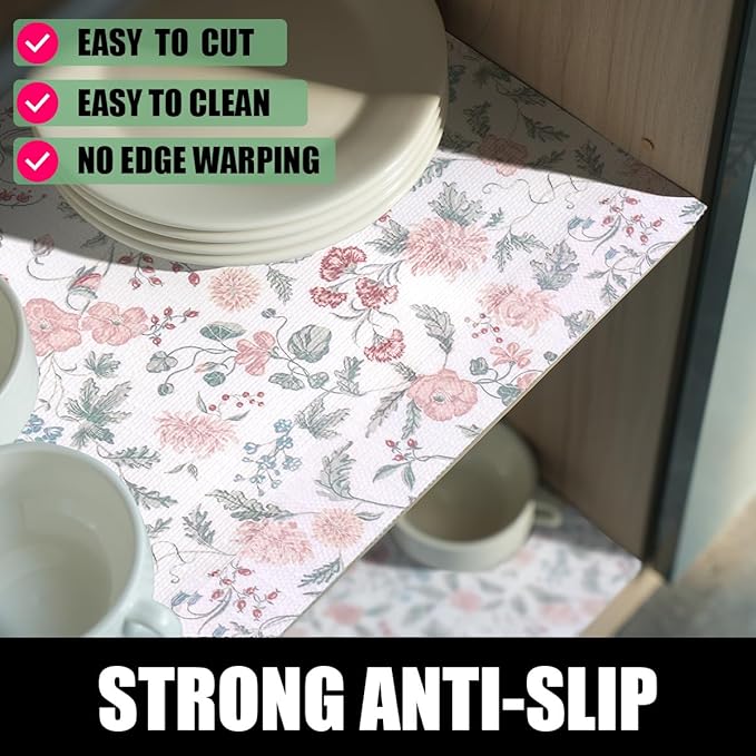 Amiitay Floral Drawer and Shelf Liner for Cabinets, 12IN x 20FT Non-Adhesive and Strong Non-Slip Shelf Cabinet Drawer Liners for Kitchen, Table,Bookshelves,Waterproof Cupboard Liners,Easy to Clean