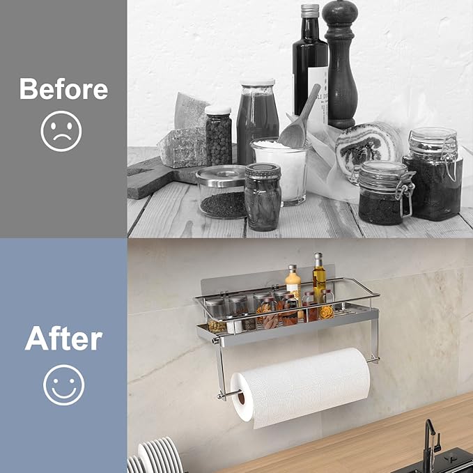 Stainless Steel 2 in 1 Paper Towel Rack Basket with Shelf - Spice Rack & Self Adhesive Paper Towel Holder
