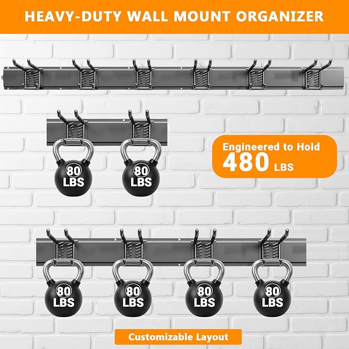Garage Tool Organizer Wall Mount, 48 inch Garage Wall Organizer, 480lbs Sturdy Garden Tool Organizer with 6 Adjustable Hooks, for Yard, Shed, Basement, Workshop(Black)