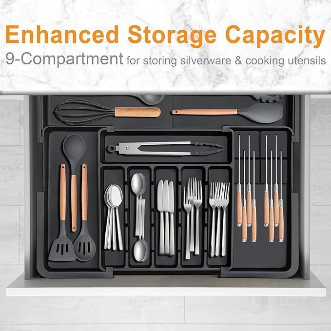 Extra Large Expandable Silverware Organizer, BPA-Free Food-Safe Cutlery Holder, Adjustable Kitchen Utensil Drawer Organizer for Spoons Forks Knives (Black)
