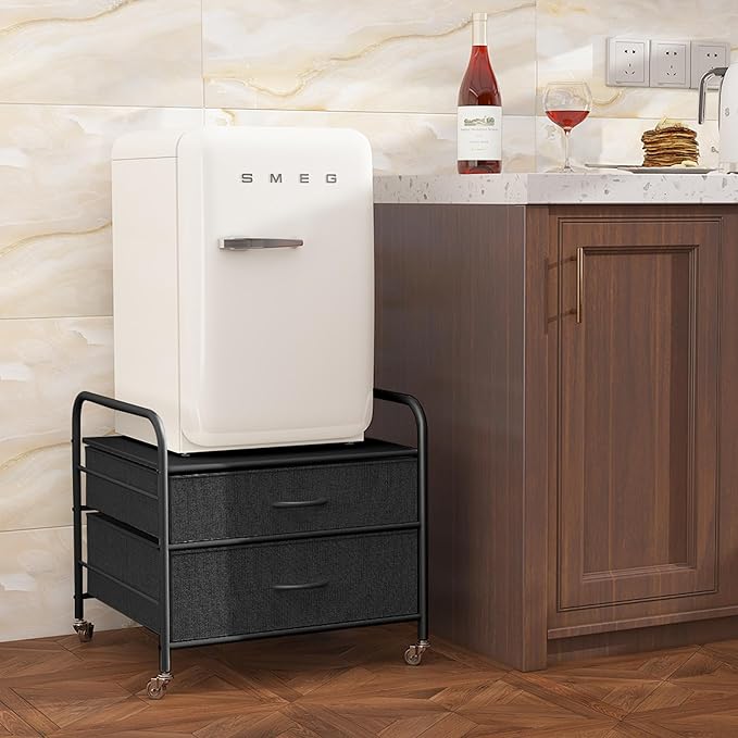 Mini Fridge Stand with Storage, Mini Fridge Stand, 2 Drawer Dorm Fridge Cart, Organizer Unit for Mini Fridge, Fridge Stand Table, Mini Fridge Table with Swivel Wheels, Black