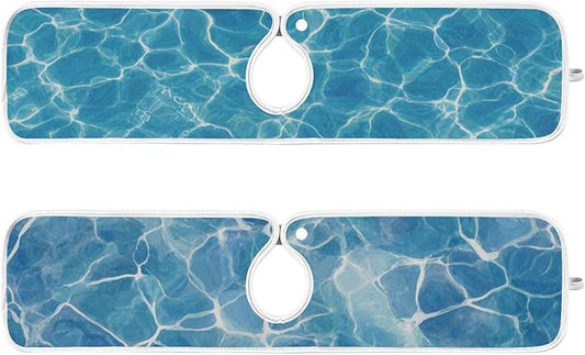 2 PCS Kitchen Sink Splash Guard 23.6 Inch Faucet Mat for Kitchen Sink Bathroom Sink Faucet Absorbing Drip Drain Mat Pad Microfiber Soft Washable Blue Pool Ripples