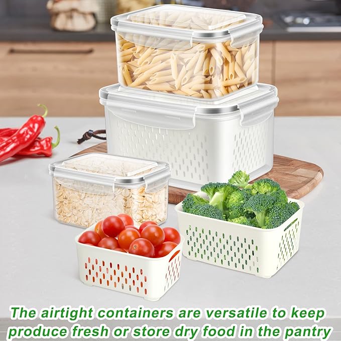 TBMAXS 5 Pack Fruit Storage Containers for Fridge, Produce Saver Vegetable Container with Drain Colanders - Refrigerator Organizer for Lettuce Keepers Berry Container