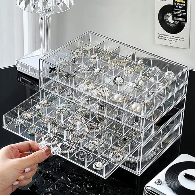 Jewelry Boxes Earring Storage Box Organizer 5 Drawers Jewelry Organizer Acrylic Jewelry Storage Box Holder Compartment Transparent Display Storage Case Gift for Women Girls (102 Girds)