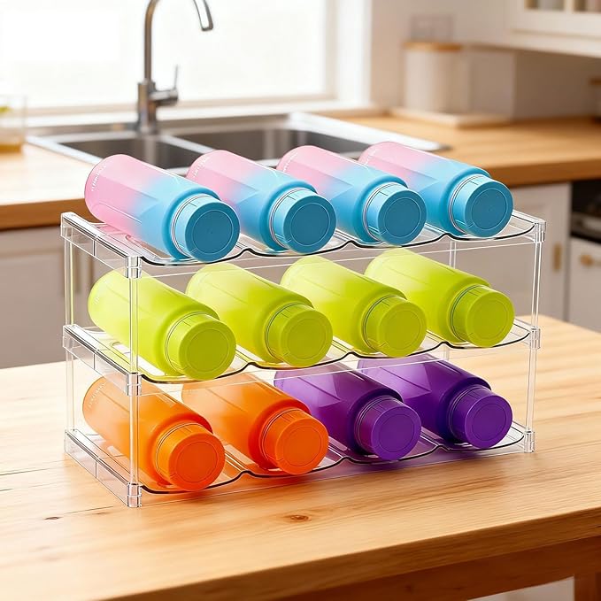 acDesign 2PCS 3 Tier Stackable Water Bottle Organizer, Large Compartment Water Bottle Holder, Clear Water Bottle Organizer for Cabinet, Bottle Rack for Cabinet Home Countertop Fridge Pantry Shelf