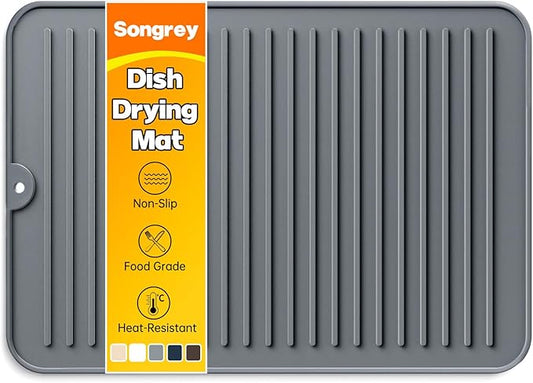 Songrey 14" x 10" Silicone Dish Drying Mat, Kitchen Counter Drying Pad for Sink Dishes or Under Rack, Multi-Use as Heat Resistant Trivet, Coffee Bar Mat
