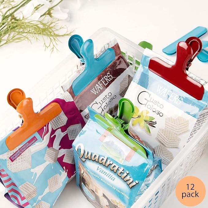 12 Pack Stainless Steel Chip Bag Clips - 4 Colors with DIY Christmas Stickers - Airtight Seal, Heavy Duty, 3 Inch, Perfect for Kitchen & Office Storage, No Sharp Edges, Fun & Functional