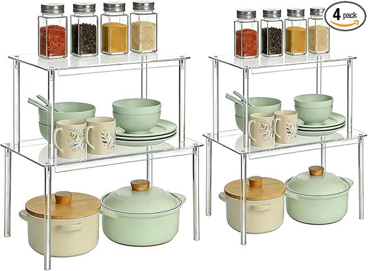 Clear Acrylic Cabinet Organizer, 4-Pack Stackable Shelf Riser for Kitchen Pantry & Countertop, Tiered Spice Rack Organizer for Cabinets, Dishes, Spices & Storage