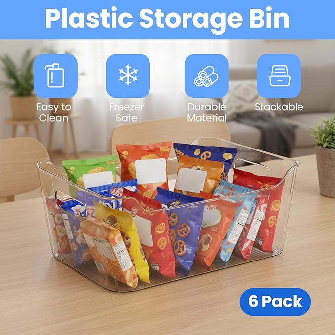 Clear Plastic Storage Bins Set of 6, Multi-Use organizers and storage Containers With Handles, Organizer Bins for Home & Kitchen, Cabinet and Pantry
