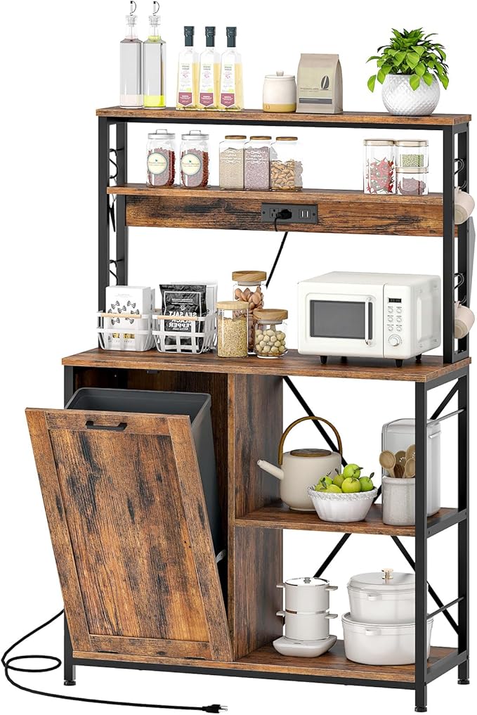 HOOBRO Bakers Rack with Power Outlet, Microwave Stand with Trash Can Bin Cabinet, 5-Tier Kitchen Storage Shelf Cabinet, Tall Coffee Bar Table Station for Dining Room, Rustic Brown and Black BF50UHB01