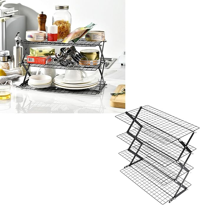 Foldable Countertop Storage Rack, Multi Tires Stainless Steel Space Saving Shelf Collapsible Stackable Organizer with Mesh Design for Drying Food Seasoning (4 Layers)