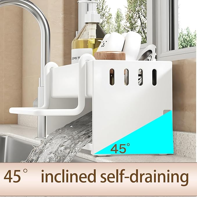 BREIS Sponge Holder for Kitchen Sink, Caddy Organizer with Rag Holder, Countertop Self-Draining Sponge Caddy, Rustproof Sink Storage Rack for Soap Dispenser Storage Accessories (Large-White)