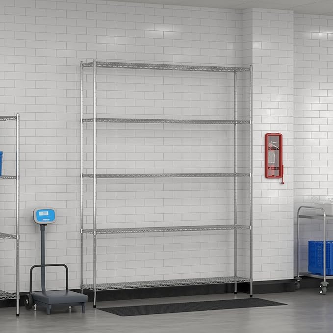 Commercial NSF Listed Chrome Stationary Wire Shelving Kit 14" x 72" x 96", with 5 Shelves Perfect for Warehouse, Walk-in Refrigerator, Freezer, Grocery Store, Restaurant, Dishroom