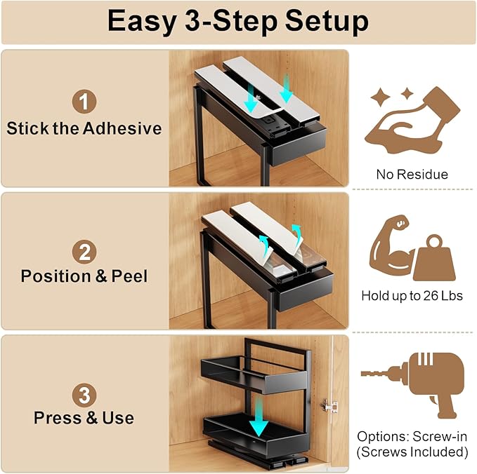 iSPECLE 2 Pack Pull Out Spice Rack - Rotate Peel and Stick No-Drill Vertical Spice Rack Organizer for Cabinet Easy Access Spices, Adjust Height for 4oz to 8oz Spice Jars, Fits Small Pantry Cabinet