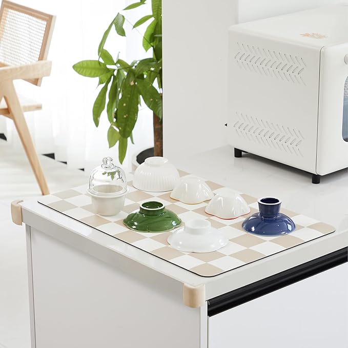 Checkered Dish Drying Mat for Kitchen Counter, Coffee Bar Station Accessories, Retro Cute Aesthetic Modern Absorbent Drainer Mat Kitchen Drying Mat Easy Clean, Beige 16" x 24"