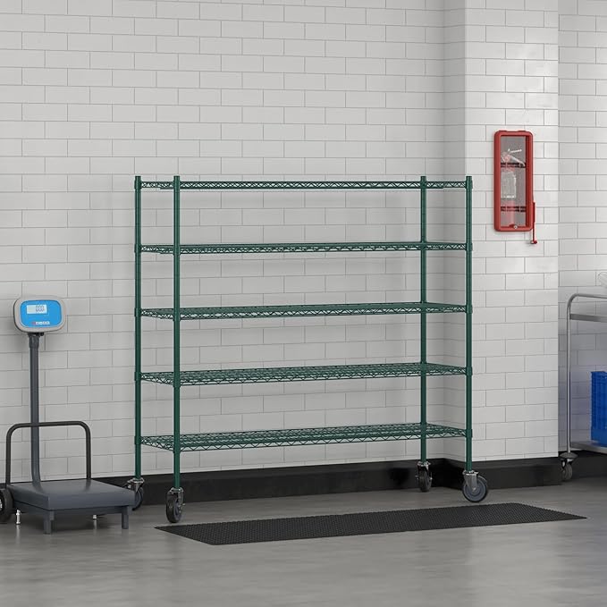 Commercial NSF Listed Green Epoxy Mobile Wire Shelving Kit 18" x 60" x 60", with 5 Shelves Perfect for Warehouse, Walk-in Refrigerator, Freezer, Grocery Store, Restaurant, Dishroom