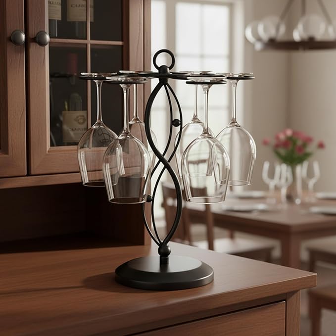 MyGift 6-Hook Rotating Wine Glass Rack with Sturdy Base & Scrollwork Design - Black Metal Countertop Stemware Holder | Rust-Resistant, Space-Saving Storage for Kitchen, Bar, Dining Table (13.75" H)