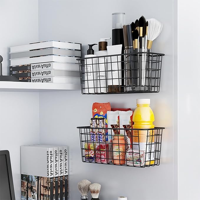 Deertaip Adhesive Basket Wall Wire Basket Over the Cabinet Door Organizer No Drilling Mounted 4 Pack, Black