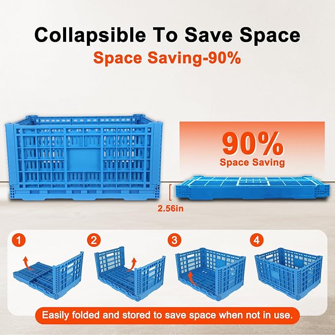 Shineyaplus Collapsible Milk Crate, 1 pck 72L(19GAL) Stackable Storage Bins, Heavy Duty Storage Crates, Plastic Crates for Grocery, Warehouse Organization - Extra Large, Holds 130 lbs Per Bin