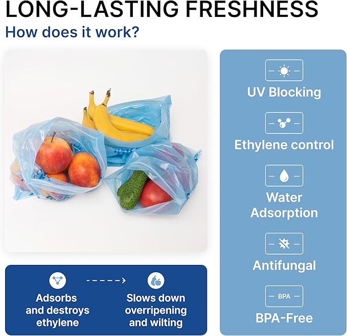 Freshpack 247 Food Bags – Tear-Off Bags on a Roll, Reusable, Ethylene Absorption Helps Keep Food Fresh up to 3× Longer – Biodegradable, BPA-Free, UV-Shielded, SGS Tested (Large)